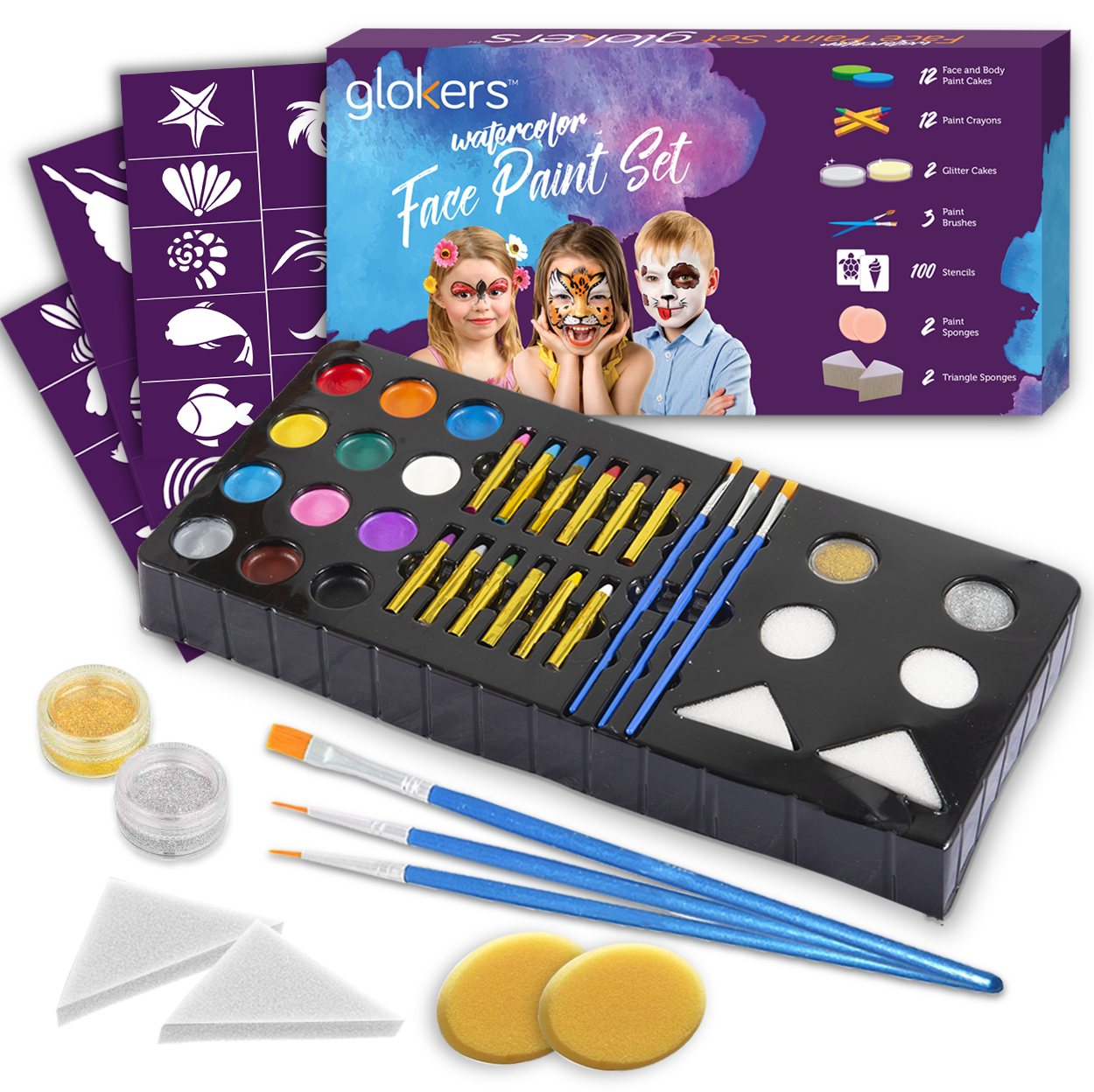 Glokers Face Paint Set - Face painting Kit Contains Cake Paints, Crayons,  Paint Brushes, Glitter, Sponges and Stencils - Sensitive Skin Face and Body  Paint - Suitable for Adults and Children, FDA